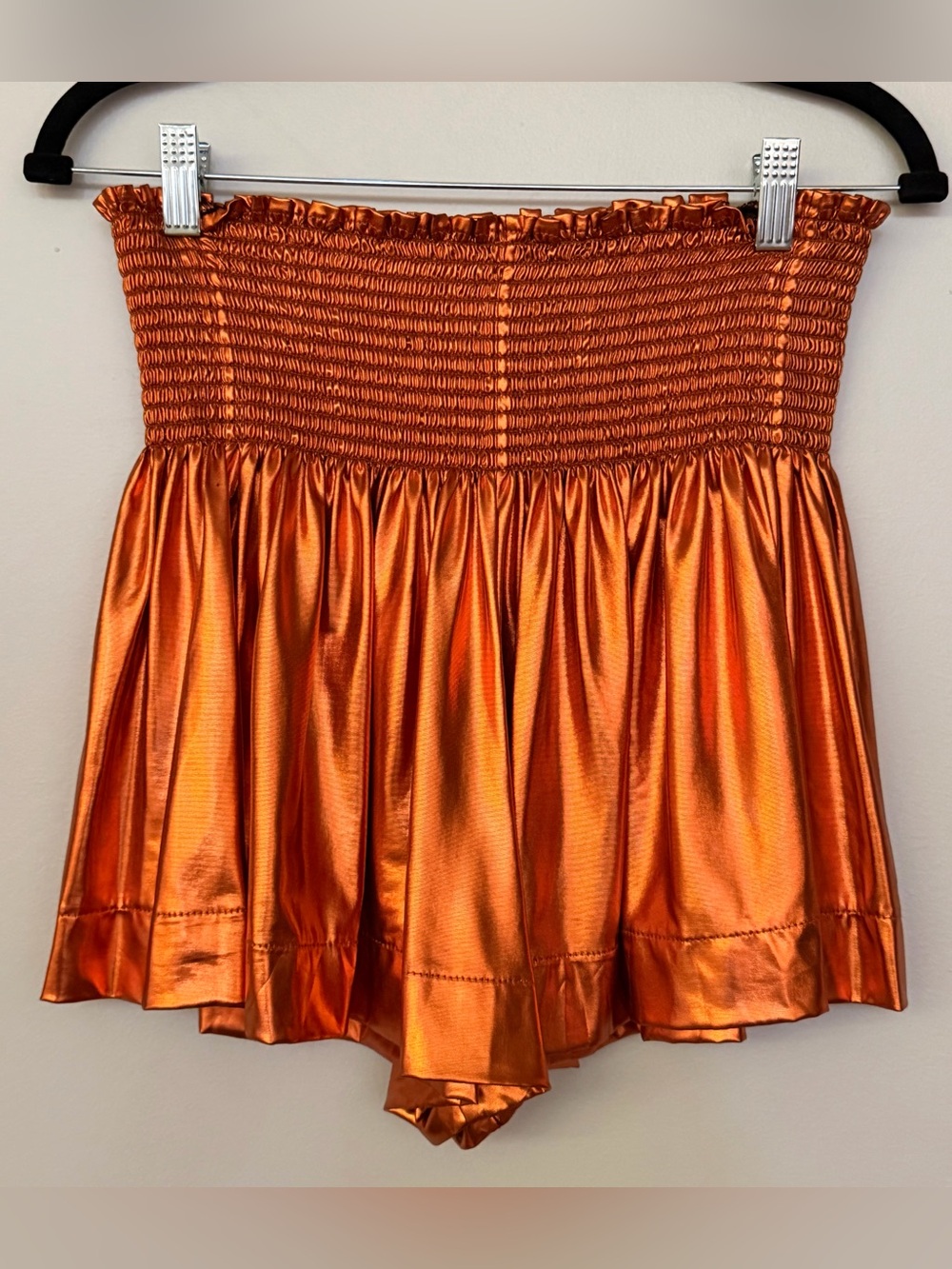 QUEEN OF SPARKLES Metallic Orange High-Waist Smocked Shorts